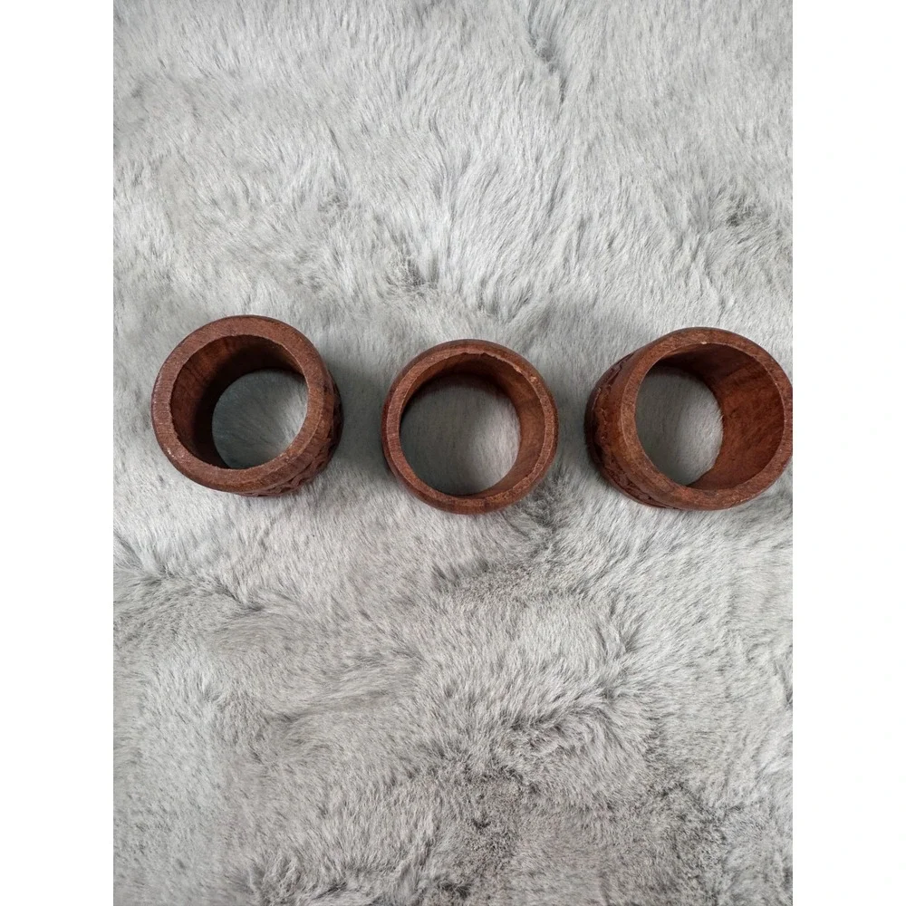 Napkin Rings Wood Hand Carved Zigzag Geometric Set of 3 Brown